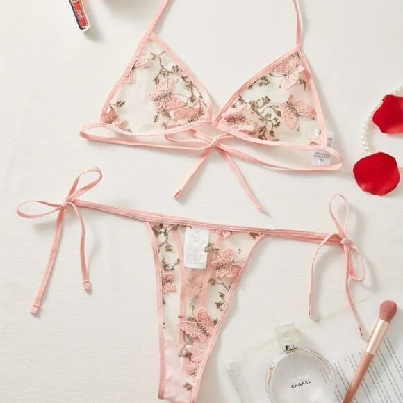 Lingerie Set Butterfly Embroidery Mesh Pink, XL Large‎ - Picture 7 of 7